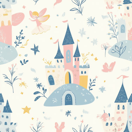 Explore a whimsical design filled with tiny fairies, enchanted castles, and sparkling stars, perfect for a charming baby nursery with soft pastel colors.の素材