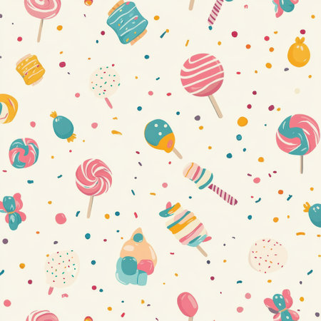 Seamless baby pattern filled with vibrant confetti, lollipops, gummy bears, and wrapped candies in soft pastel tones, perfect for playful designs.の素材