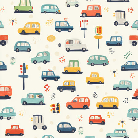 Colorful seamless pattern filled with playful cartoon cars, trucks, trains, and traffic lights, designed for childrens spaces with a whimsical touch.の素材