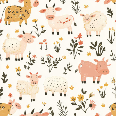 Cute hand-drawn design showcases a delightful farm theme with cheerful cows, pigs, fluffy sheep, and colorful chickens surrounded by flowers.の素材