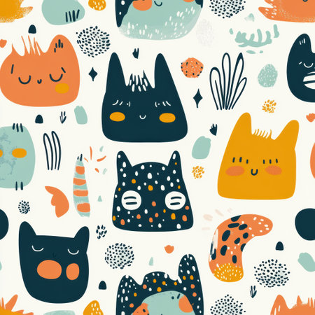This playful pattern showcases adorable cartoon monsters in bright colors with soft shapes, perfect for enhancing baby clothes and nursery decor.の素材