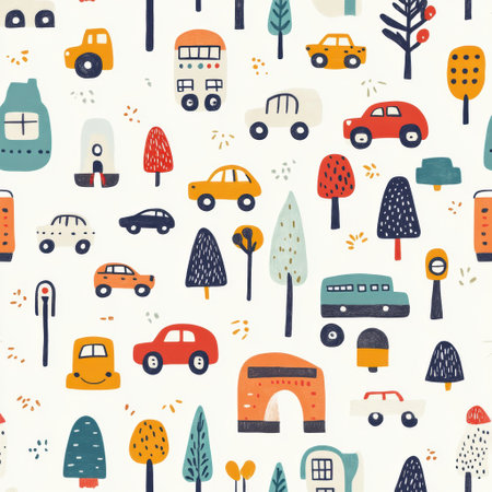 Bright and playful pattern showcases charming cartoon cars, trucks, and trains alongside vibrant traffic lights, perfect for childrens products and dの素材