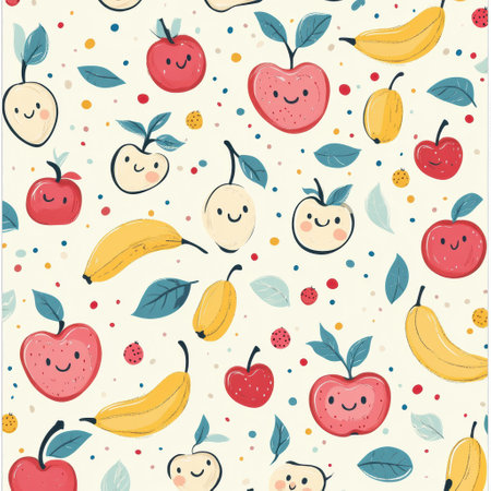 This joyful pattern features hand-drawn fruits like strawberries, bananas, apples, and cherries in soft, vibrant colors for a playful vibe.の素材