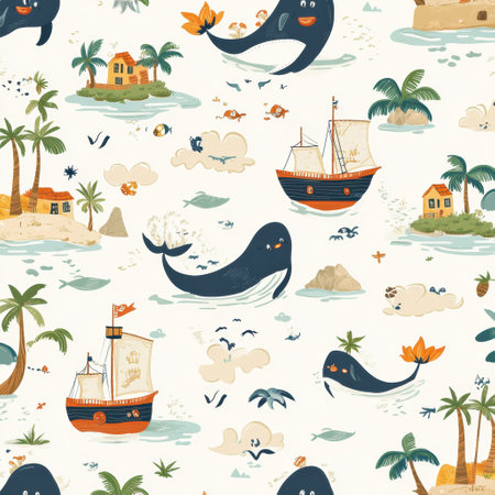 Explore a fun seamless baby pattern showing tiny pirate ships, friendly whales, colorful treasure maps, and tropical islands, perfect for playful designs.の素材