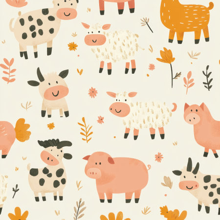 Delightful farm-themed pattern showing hand-drawn cows, pigs, sheep, and chickens among flowers and foliage in warm earthy tones. Perfect for baby items.の素材