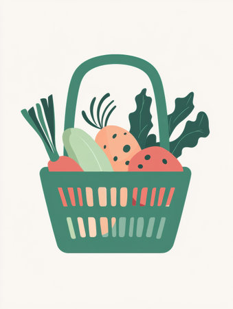 A green shopping basket brimming with fresh vegetables and fruits rests against a soft pastel backdrop, showcasing a clean, minimalistic design style.の素材