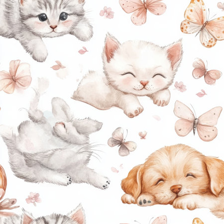 Delightful kittens and puppies frolic and chase butterflies amidst soft watercolor details, creating a charming and cozy baby pattern in pastel colors.の素材