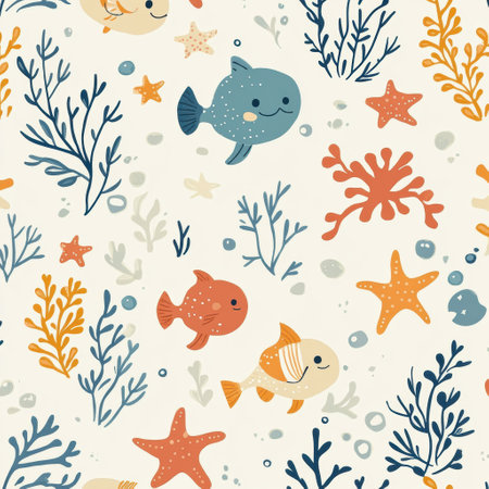 Tiny smiling fish and floating sea stars create a playful underwater scene featuring soft blue and coral tones, perfect for a dreamy ocean-themed nursery.の素材