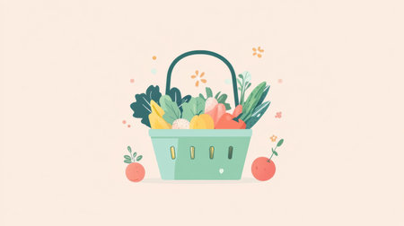 A green shopping basket overflows with fresh vegetables and fruits, sitting against a soft pastel backdrop, showing a clean and modern aesthetic.の素材