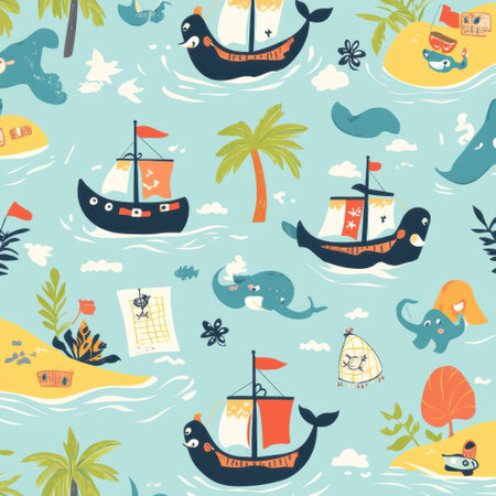 Cheerful and colorful design showcases tiny pirate ships, smiling whales, treasure maps, and tropical islands, perfect for baby decor and clothing.の素材