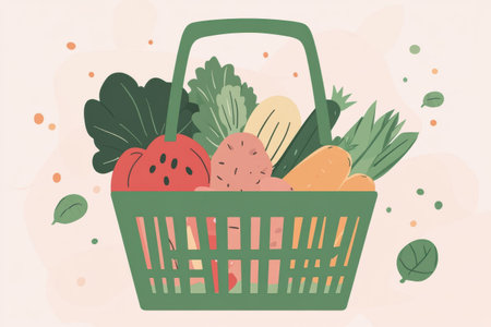 A green shopping basket brims with vibrant vegetables and fruits against a soft pastel backdrop, showing a clean and modern design ideal for UI applications.の素材