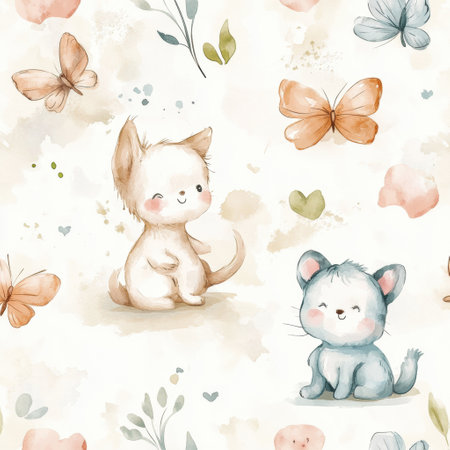 Adorable kittens and puppies frolic and chase butterflies in a cozy pastel watercolor design, perfect for baby nurses or childrens clothing.の素材