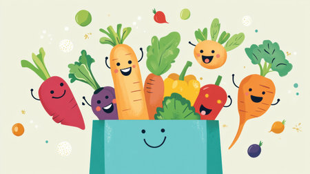 Colorful vegetables joyfully bounce from a shopping bag, celebrating freshness and health with cheerful expressions in a whimsical illustration.の素材