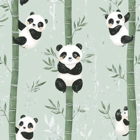 Charming pattern showcases cute pandas climbing bamboo trees set against a soft green background. Perfect for baby products and nursery decor.の素材