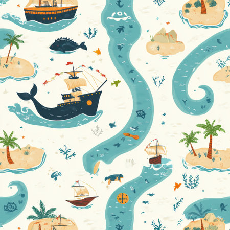 Delightful seamless design showcases tiny pirate ships, friendly whales, treasure maps, and tropical islands, perfect for baby clothes and nursery decor.の素材