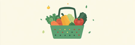 A green shopping basket is filled with fresh vegetables and fruits in a soft pastel background, showing a flat design for a modern aesthetic.の素材