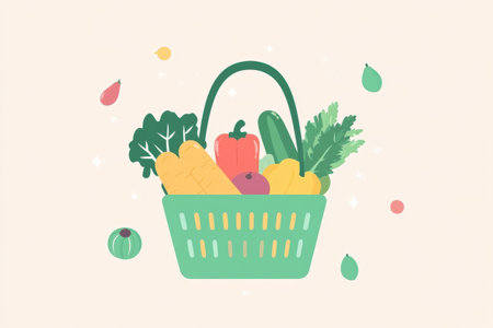 Green shopping basket filled with fresh vegetables and fruits, set against a soft pastel background, offers a minimalistic and appealing aesthetic.の素材