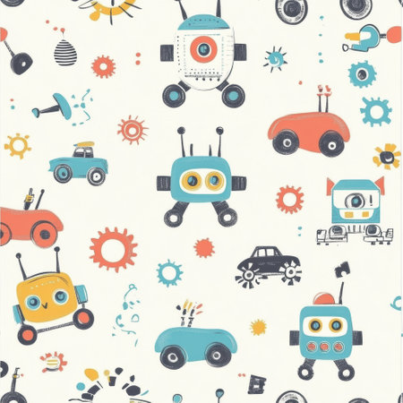 This pattern showcases cute cartoon robots, tiny cars, and playful gears in soft colors, ideal for baby decor and accessories.の素材
