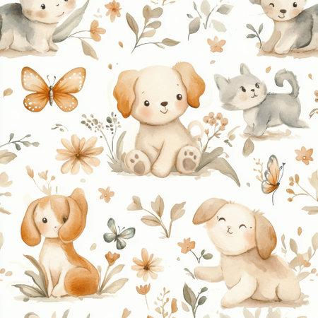Charming kittens and puppies chase butterflies in soft watercolors and pastels, ideal for baby items.の素材