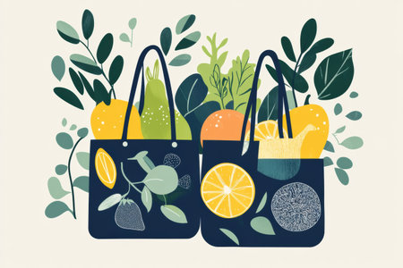 Colorful reusable grocery bags showcase fresh produce while emphasizing a green lifestyle that supports sustainability and healthy eating habits.の素材
