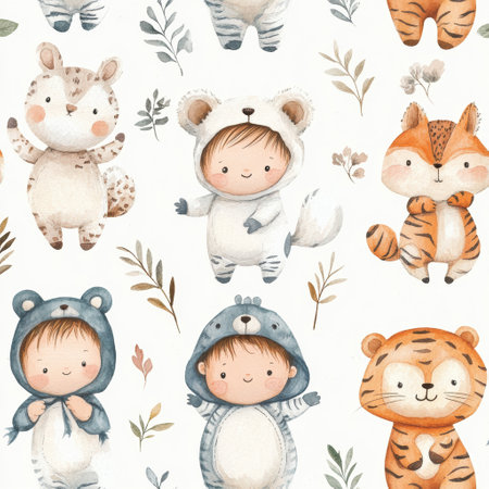 Delightful seamless pattern showcases adorable babies dressed in animal outfits, including fox, bear, bunny, and tiger, with soft hand-drawn details.の素材
