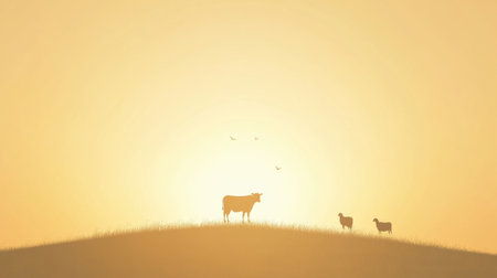 Cows, sheep, and chickens stand calmly on a hill as the sun rises, casting soft golden light over the serene rural landscape with warm tones.の素材