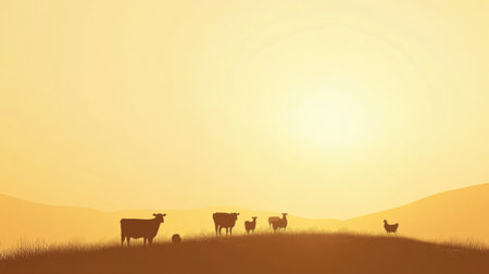 Cows, sheep, and chickens stand peacefully on a hill as the sun rises, casting a warm golden glow over the serene rural landscape.の素材
