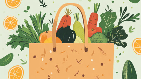 A paper grocery bag overflows with vibrant organic fruits and vegetables, highlighting a clean, eco-friendly aesthetic suitable for sustainable living.の素材