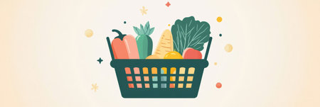 A green shopping basket is overflowing with fresh vegetables and fruits against a soft pastel backdrop, showcasing a clean, minimalistic design style.の素材