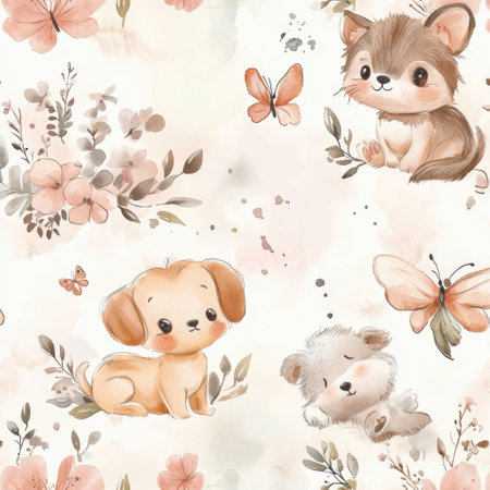 Charming kittens and puppies joyfully chase butterflies amid soft watercolor florals in a cozy pastel palette, perfect for baby-themed designs.の素材