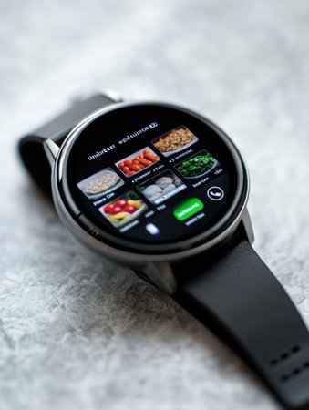 Smartwatch shows a grocery list featuring various food items in a modern and sleek interface, illuminated softly in a minimalistic environment.の素材
