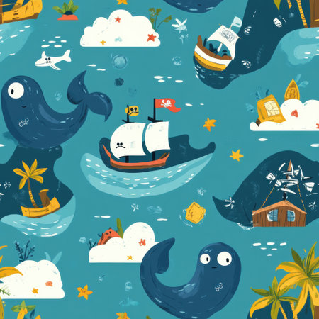 This delightful pattern showcases tiny pirate ships and cheerful whales amidst treasure maps and tropical islands, perfect for a playful baby design.の素材