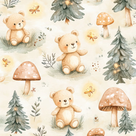 Teddy bears wander through an enchanting forest adorned with glowing fireflies, whimsical mushrooms, and vibrant fairy-tale trees in soft pastel hues.の素材