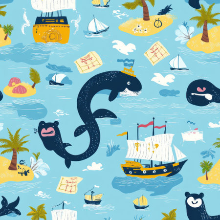 Delightfully colorful seamless pattern showcases tiny pirate ships, friendly whales, treasure maps and tropical islands, perfect for baby decor and clothing.の素材