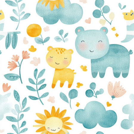 Delightful seamless pattern showcases cute animals, fluffy clouds, and vibrant flowers, perfect for creating a warm, charming nursery atmosphere.の素材