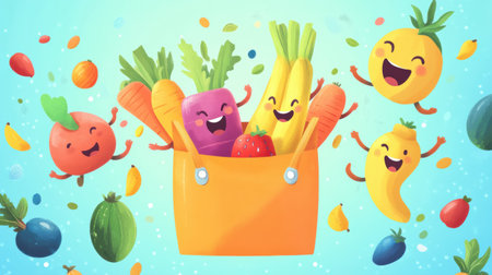 Cartoon groceries joyfully jump into a vibrant shopping bag, showcasing a lively assortment of fruits and vegetables in a fun and cheerful atmosphere.の素材