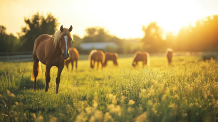 Horses peacefully graze in a lush green pasture under warm golden sunlight, creating a serene rural atmosphere during a picturesque sunset.の素材
