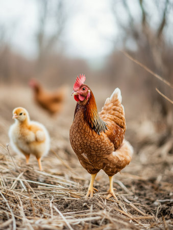 A mother hen walks confidently with her fluffy chicks on a gentle straw-covered ground. The warm tones create a serene and inviting atmosphere.の素材