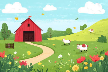 Bright and lively cartoon farm showcases a red barn, playful animals, blooming flowers, and rolling green hills under a cheerful sky with fluffy clouds.の素材