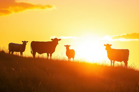 Cows, sheep, and chickens stand peacefully on a hill as the sun rises, casting a warm golden glow over the tranquil rural landscape.の素材