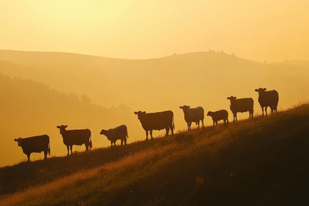 Cows, sheep, and chickens stand calmly on a hill as the sun rises, casting soft golden light over a serene rural landscape filled with warm tones.の素材