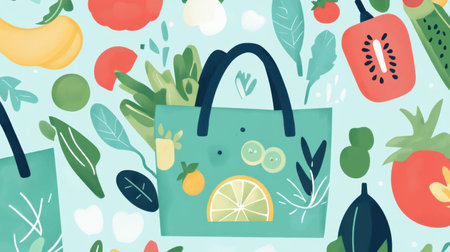 Colorful reusable grocery bags overflow with fresh produce, promoting sustainability and healthy eating habits in everyday shopping routines.の素材