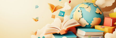 Layered paper globe surrounded by flying books and academic symbols, creating a warm atmosphere that inspires learning and creativity in education.の素材