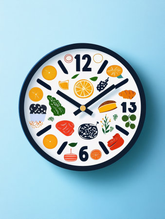 Unique clock design showcases food icons in place of traditional numbers, highlighting the concept of fast grocery delivery in a modern and artistic way.の素材
