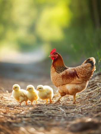 A mother hen guides her fluffy chicks along a straw-covered path under soft sunlight, creating a serene and heartwarming atmosphere.の素材