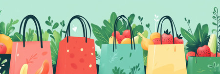 Brightly colored reusable grocery bags overflow with fresh fruits and vegetables, showing a commitment to sustainability and healthy living.の素材