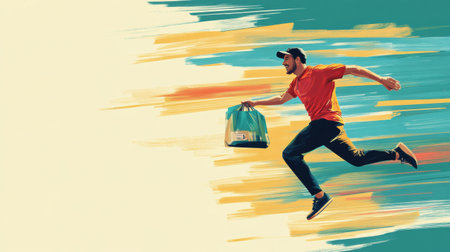 Courier energetically runs with a grocery bag, showcasing speed and excitement through vibrant brush strokes and motion blur in a lively urban setting.の素材