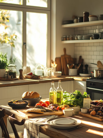 Fresh groceries on the table enhance the warm and inviting atmosphere of this cozy kitchen, illuminated by natural light during a peaceful afternoon.の素材
