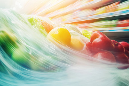 Fluid motion represents an array of fresh groceries, showing vibrant colors and textures in a lively shopping atmosphere that promotes health and wellness.の素材