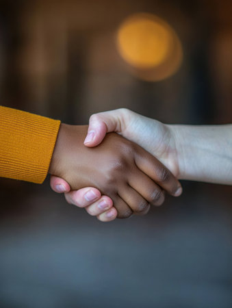 Close-up of two business professionals shaking hands in a modern and clean environment, showcasing collaboration and partnership in a political atmosphere.の素材